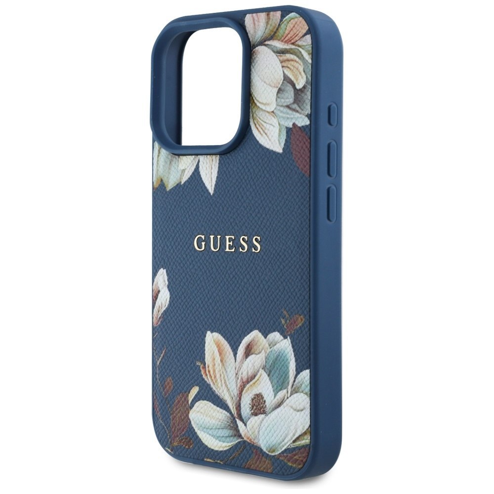Etui Guess Grained Printed Flower Pattern MagSafe do iPhone 16 Pro niebiesk